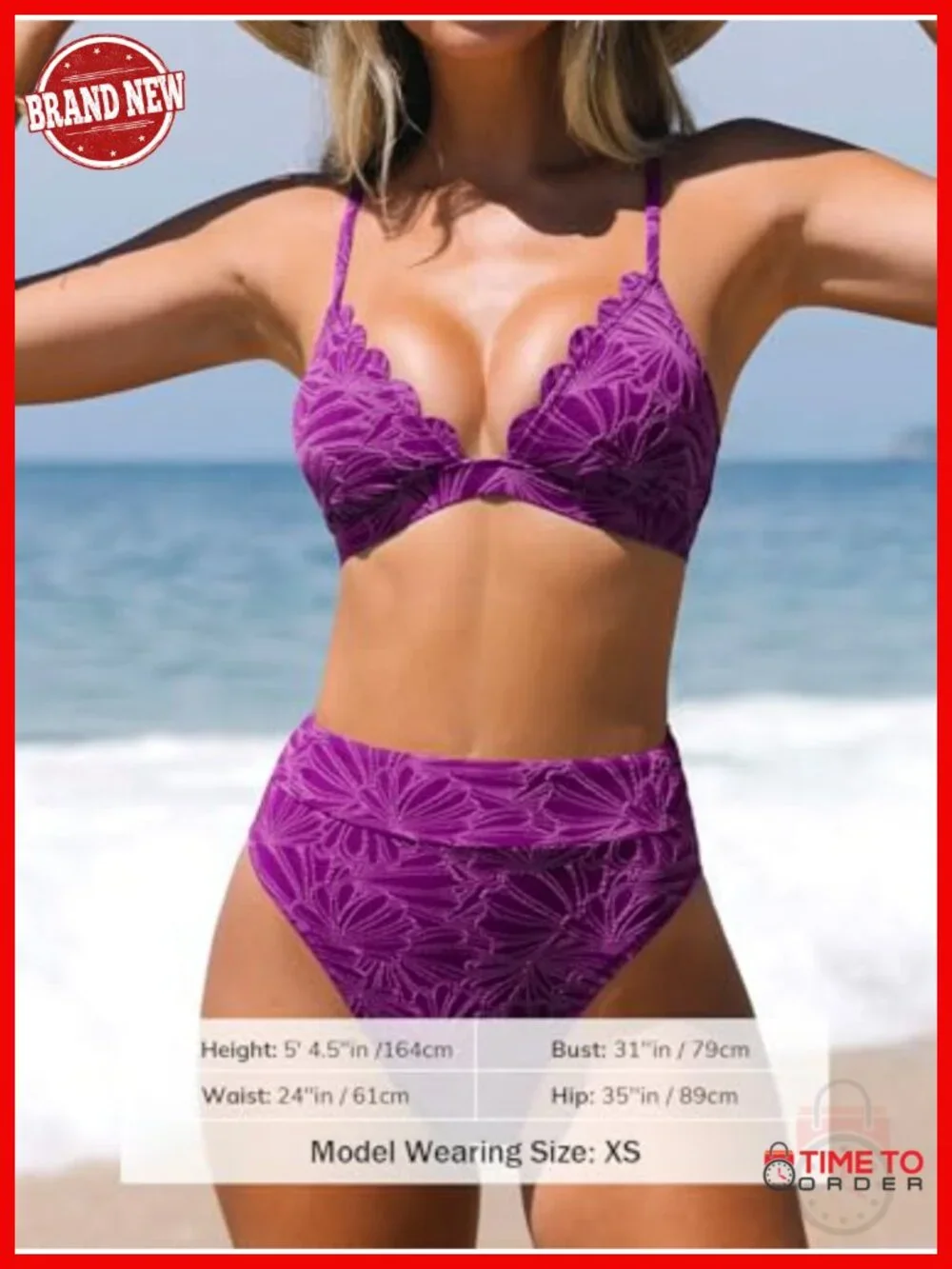 High Waisted Scalloped V Neck Two Piece Bikini Set with Removable Padding
